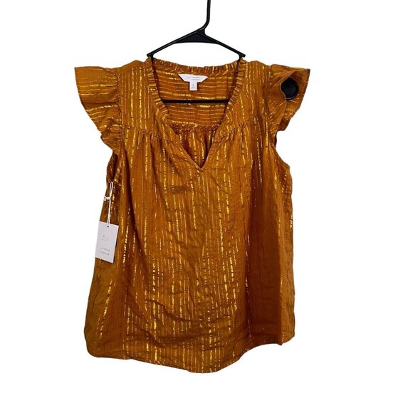 LC Lauren Conrad Women SZ S Mustard Gold Striped Top Blouse Tie V Neck Pullover - Picture 11 of 13